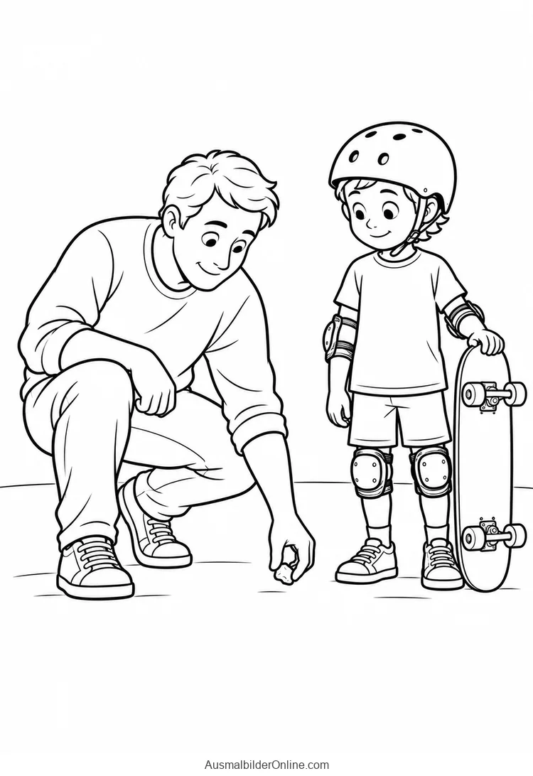 Ein Erwachsener hebt einen kleinen Stein vom Boden auf, während ein geschütztes Kind sein Skateboard hält