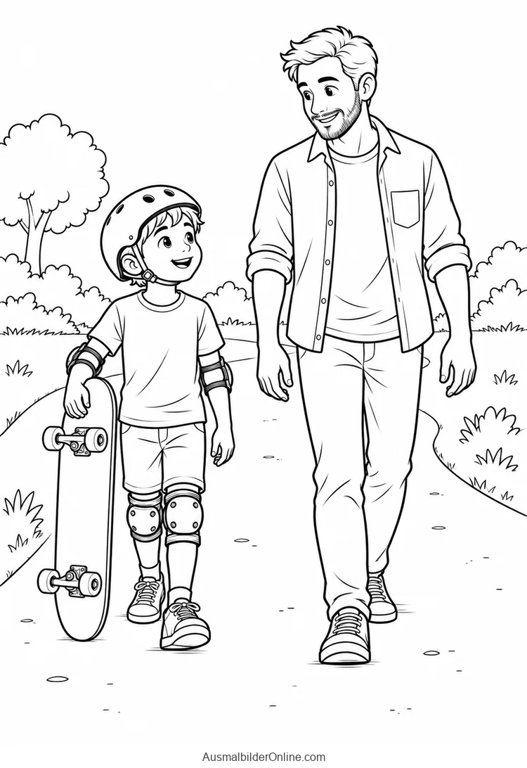 Ein Kind mit Helm trägt sein Skateboard neben einem Erwachsenen auf einem Parkweg