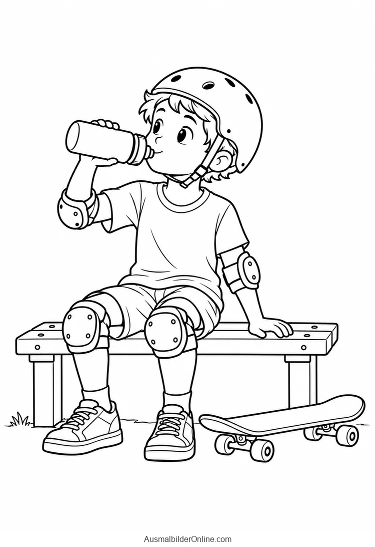 Ein Kind mit Helm und Schonern trinkt auf einer Bank aus einer Flasche, das Skateboard steht daneben