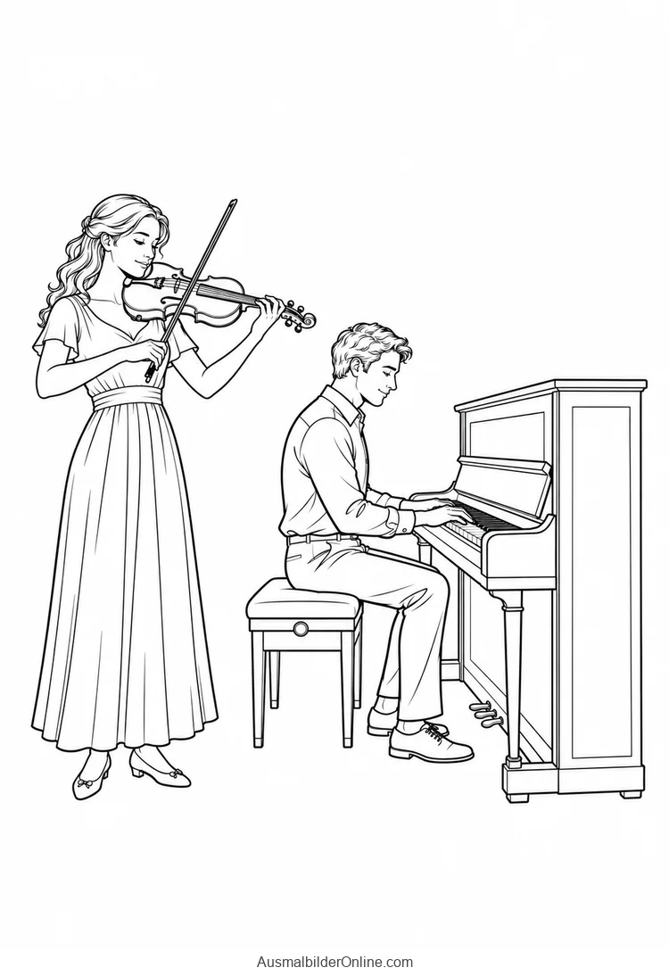 Eine Geigerin und ein Pianist musizieren gemeinsam an einem aufrechten Klavier
