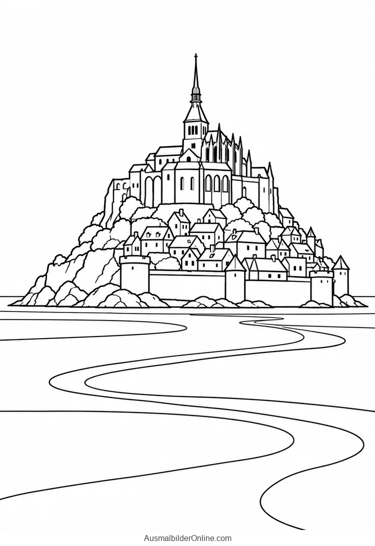 Mont-Saint-Michel erhebt sich mit Abtei und Dorfhäusern über der weiten Bucht