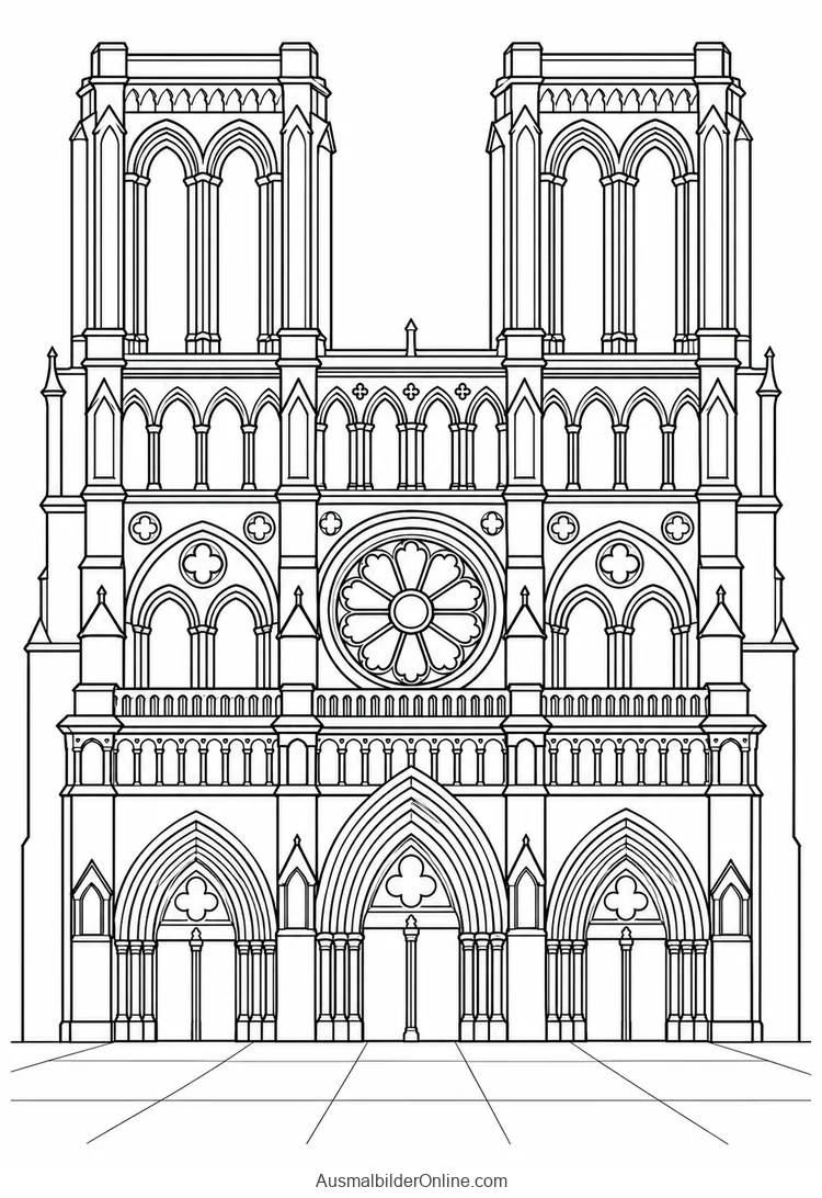 Die Westfassade von Notre-Dame de Paris zeigt zwei quadratische Türme, eine Rosette und drei Eingänge
