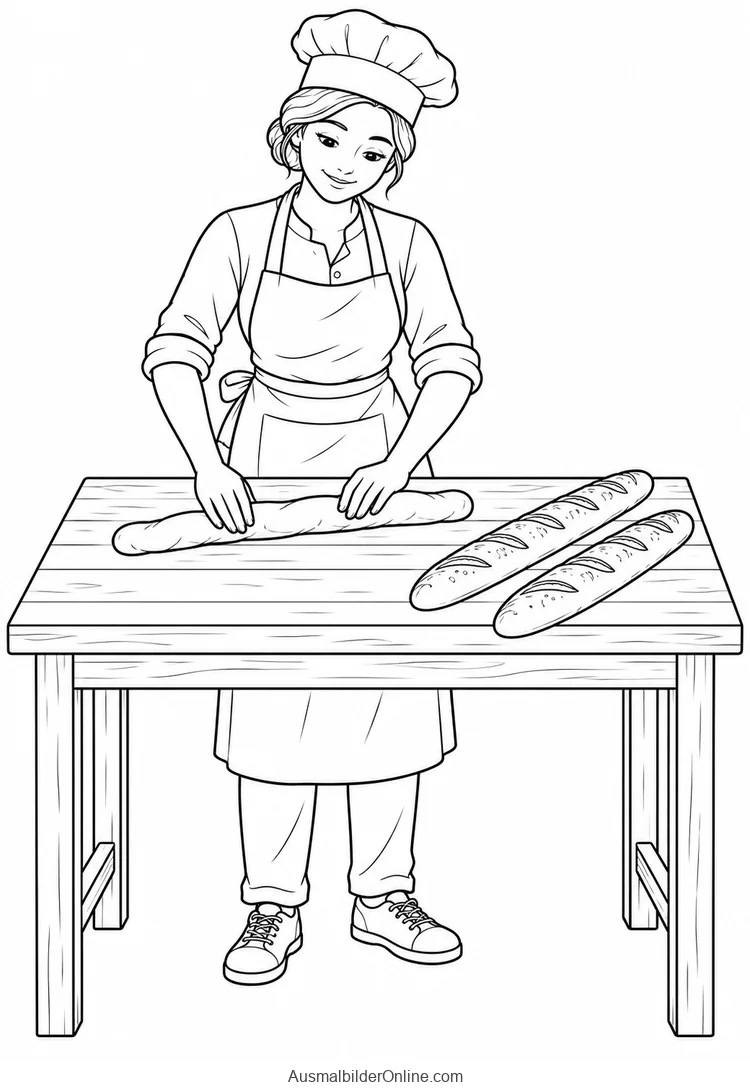 Eine Bäckerin formt einen langen Teigstrang neben zwei Baguettes auf einem Holztisch