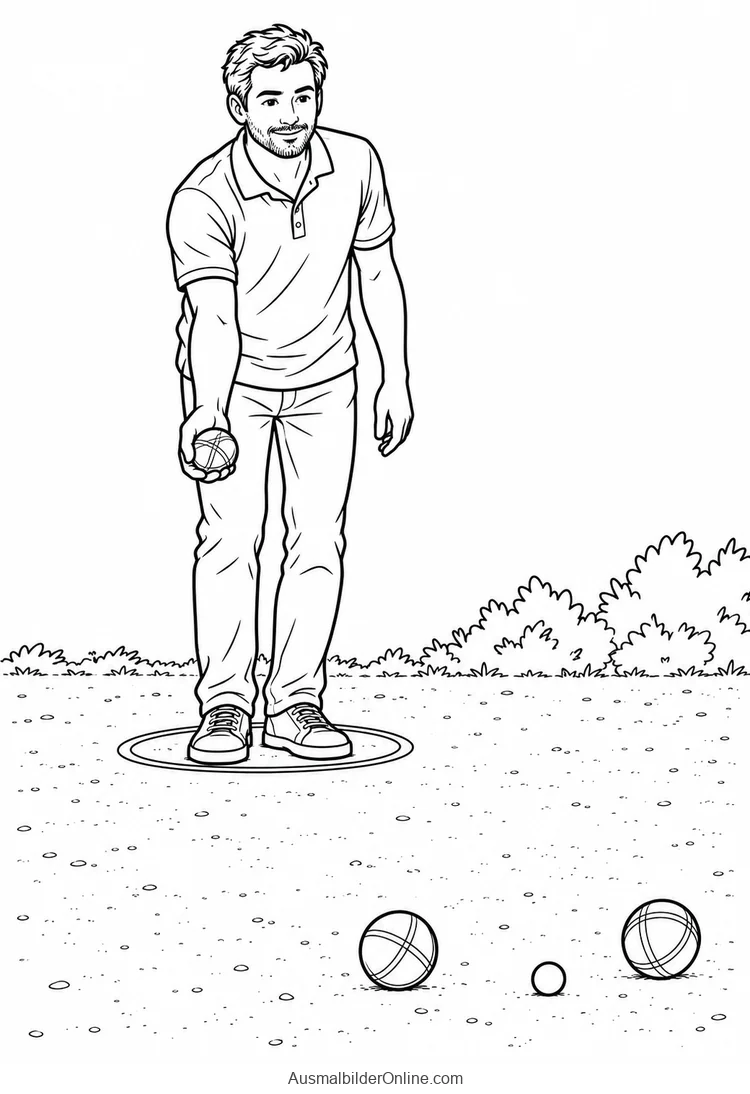 Ein Mann steht beim Pétanque im Kreis und hält eine Kugel, zwei weitere Kugeln liegen beim kleinen Zielball
