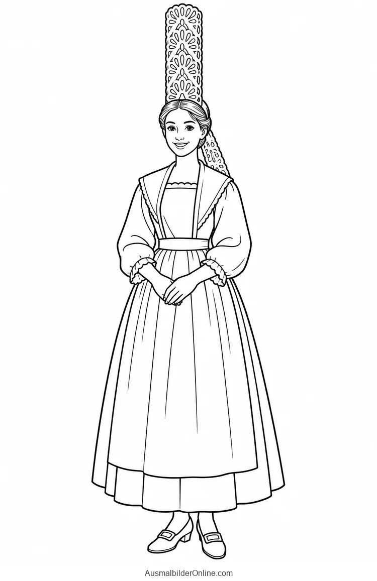 Eine Frau trägt ein langes Kleid und eine hohe Spitzenhaube im Bigouden-Stil