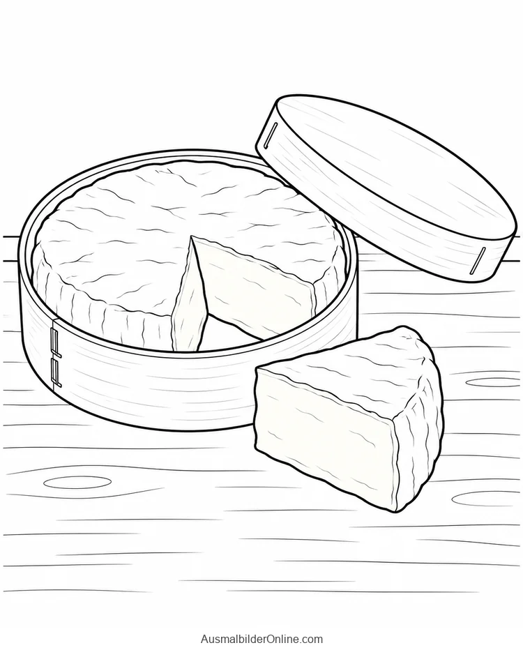Ein runder Camembert liegt in einer offenen Holzschachtel neben Deckel und herausgeschnittenem Stück