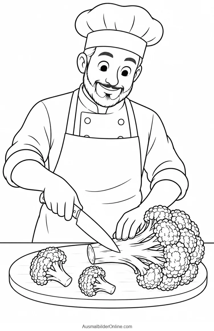 Ein Koch schneidet Brokkoli auf einem Brett, zwei abgetrennte Röschen liegen daneben