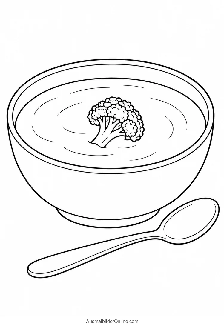Runde Suppenschale mit einem Brokkoliröschen in der Cremesuppe und einem Löffel daneben