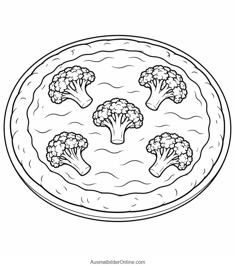 Fünf Brokkoliröschen liegen auf einer runden Pizza mit breitem Rand