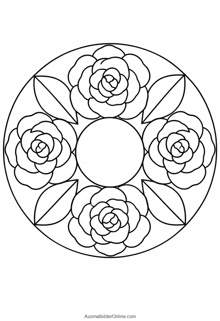 Vier Rosenrosetten und vier breite Blätter in einem runden Mandala