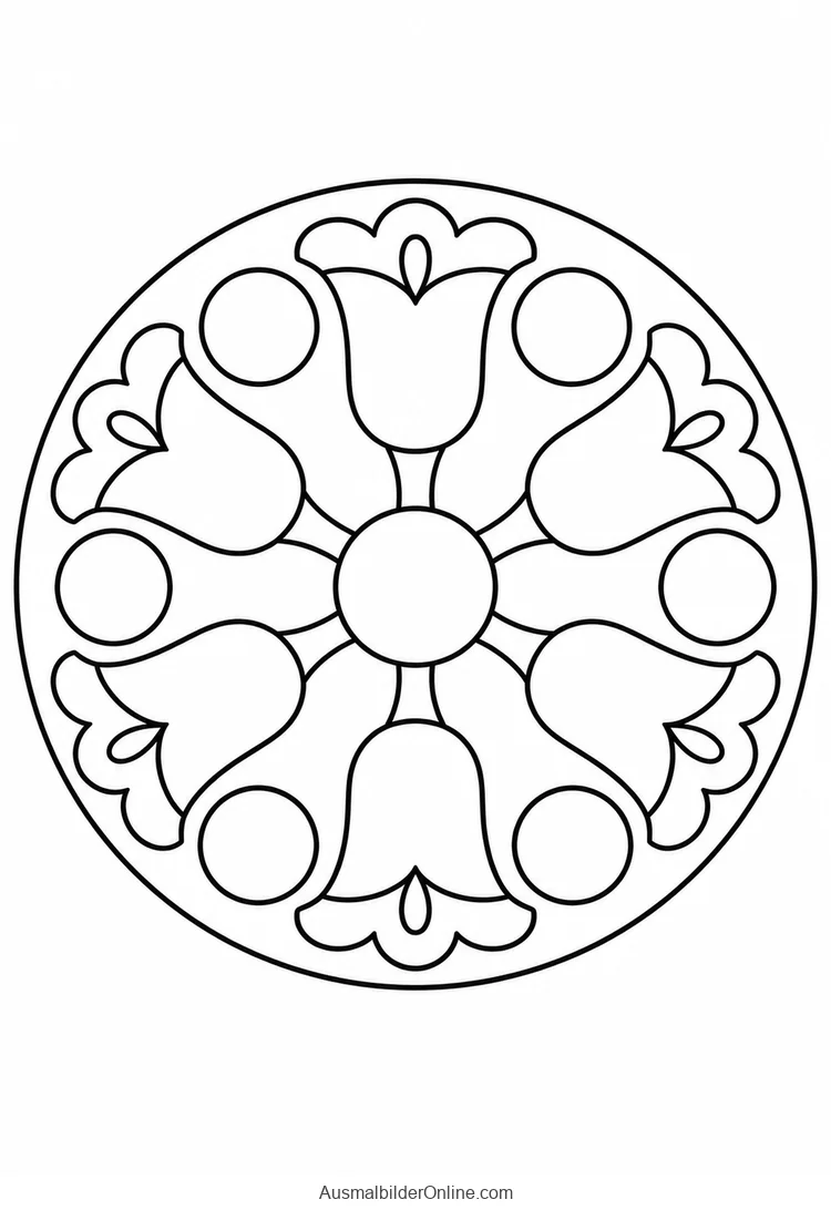 Sechs glockenförmige Blüten und sechs Kreise in einem Blumenmandala