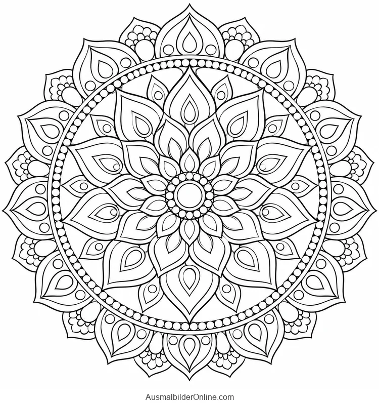 Rundes Blumenmandala mit gestaffelten spitzen Blütenblättern, Tropfen und Perlenringen