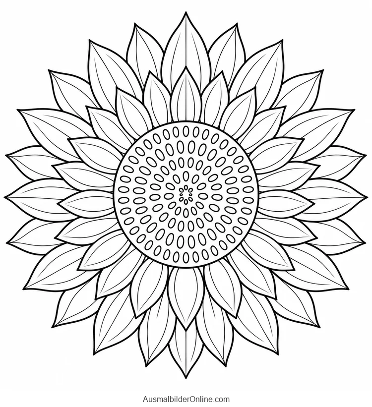 Sonnenblumenmandala mit kreisförmiger Samenmitte und zwei Reihen langer Blütenblätter