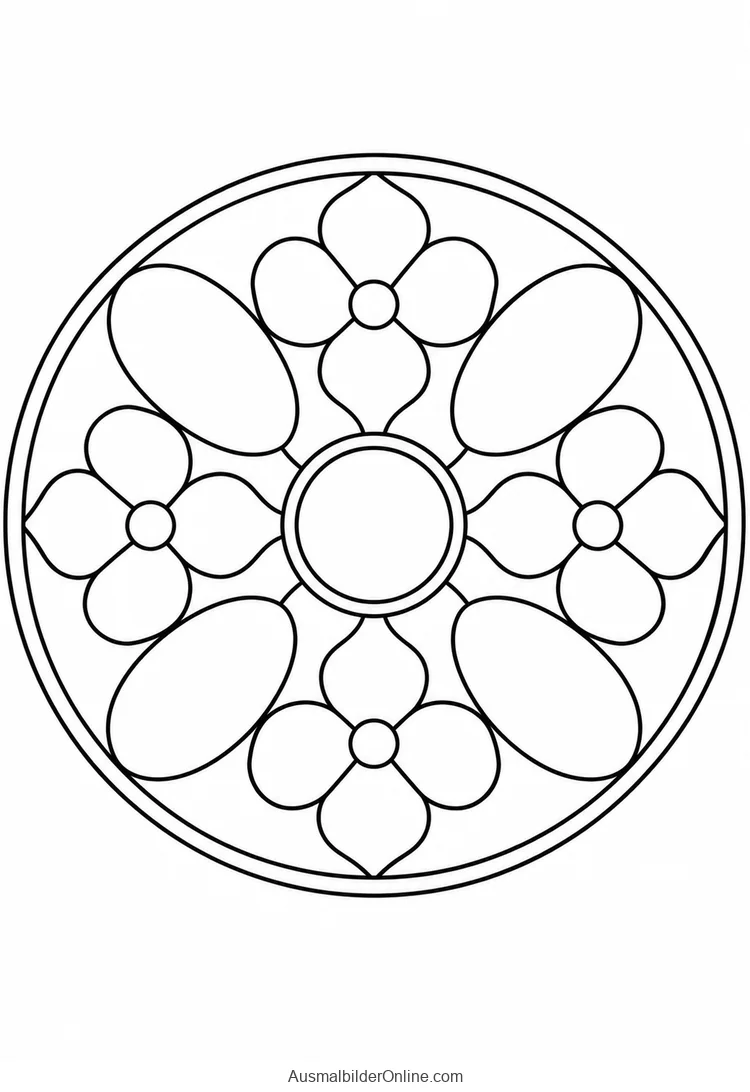 Vier vierblättrige Blüten und breite ovale Zwischenfelder in einem runden Mandala