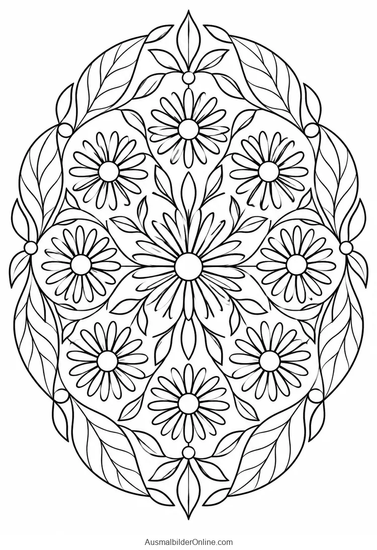 Ovales Blumenmandala mit Strahlenblüten und geschwungenem Blättersaum