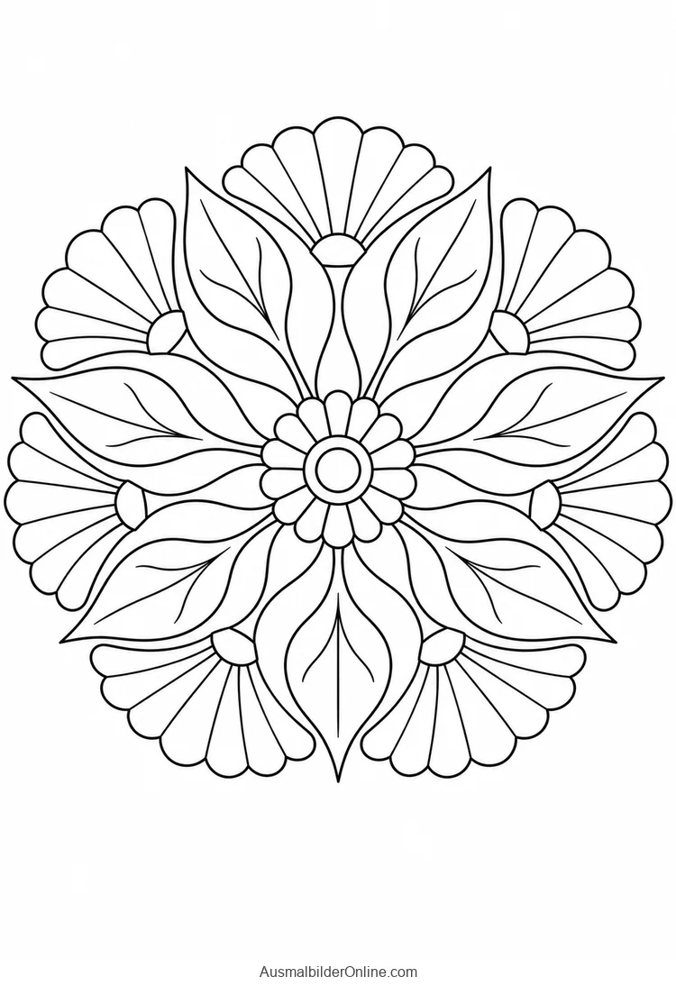Fächerförmige Blüten zwischen breiten tropfenförmigen Blättern in einem Mandala