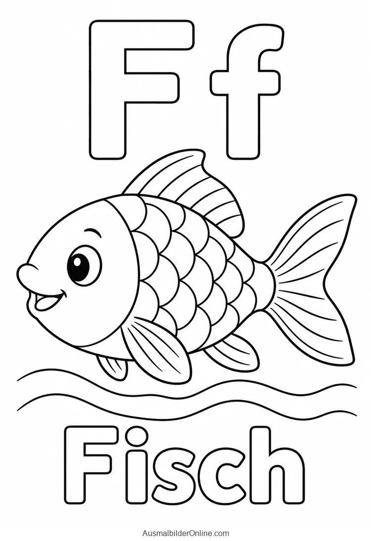 F und f neben einem freundlichen Fisch mit dem Wort Fisch