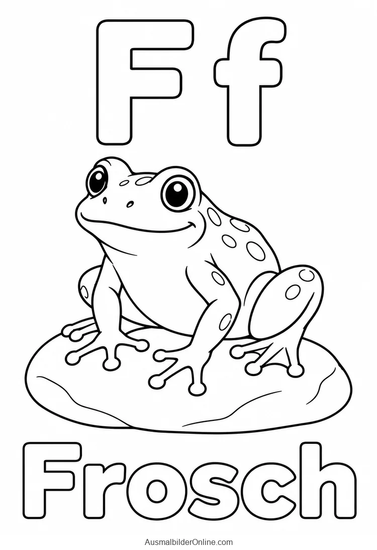 F und f neben einem Frosch auf einem Seerosenblatt mit dem Wort Frosch