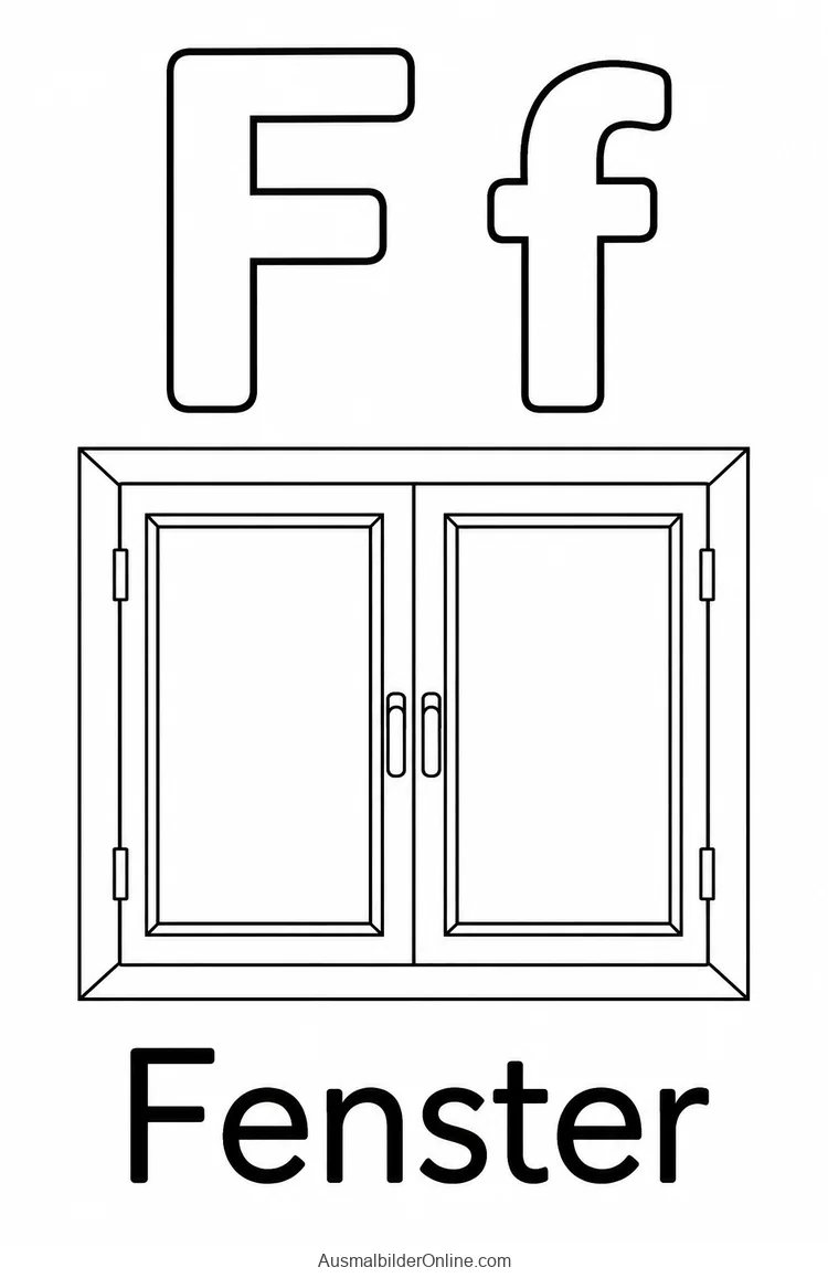 F und f neben einem zweiflügeligen Fenster mit dem Wort Fenster