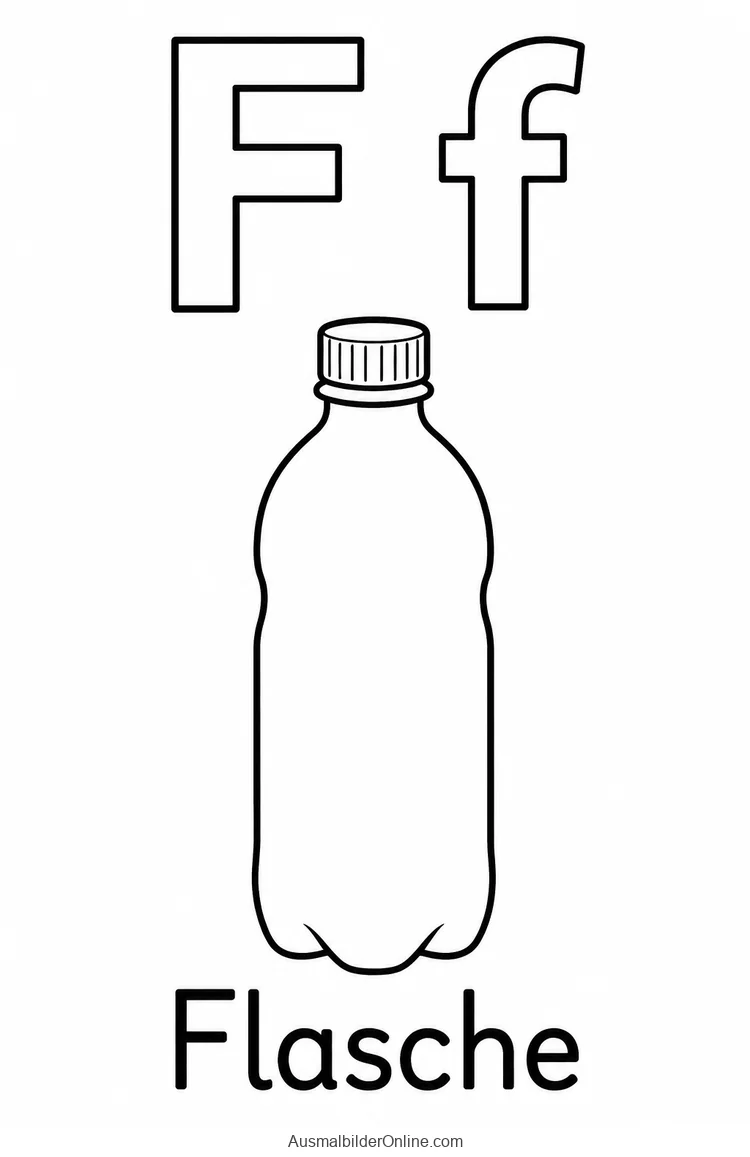 F und f neben einer verschlossenen Flasche mit dem Wort Flasche