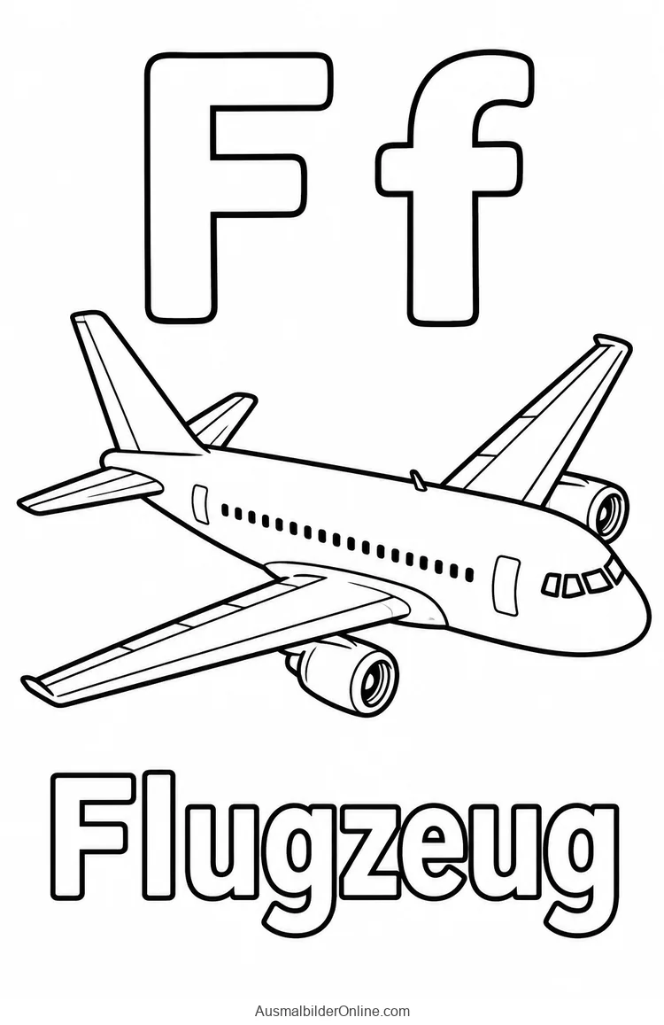 F und f neben einem Passagierflugzeug mit dem Wort Flugzeug