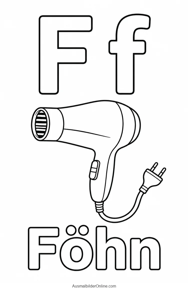 F und f neben einem Föhn mit Kabel und Stecker und dem Wort Föhn