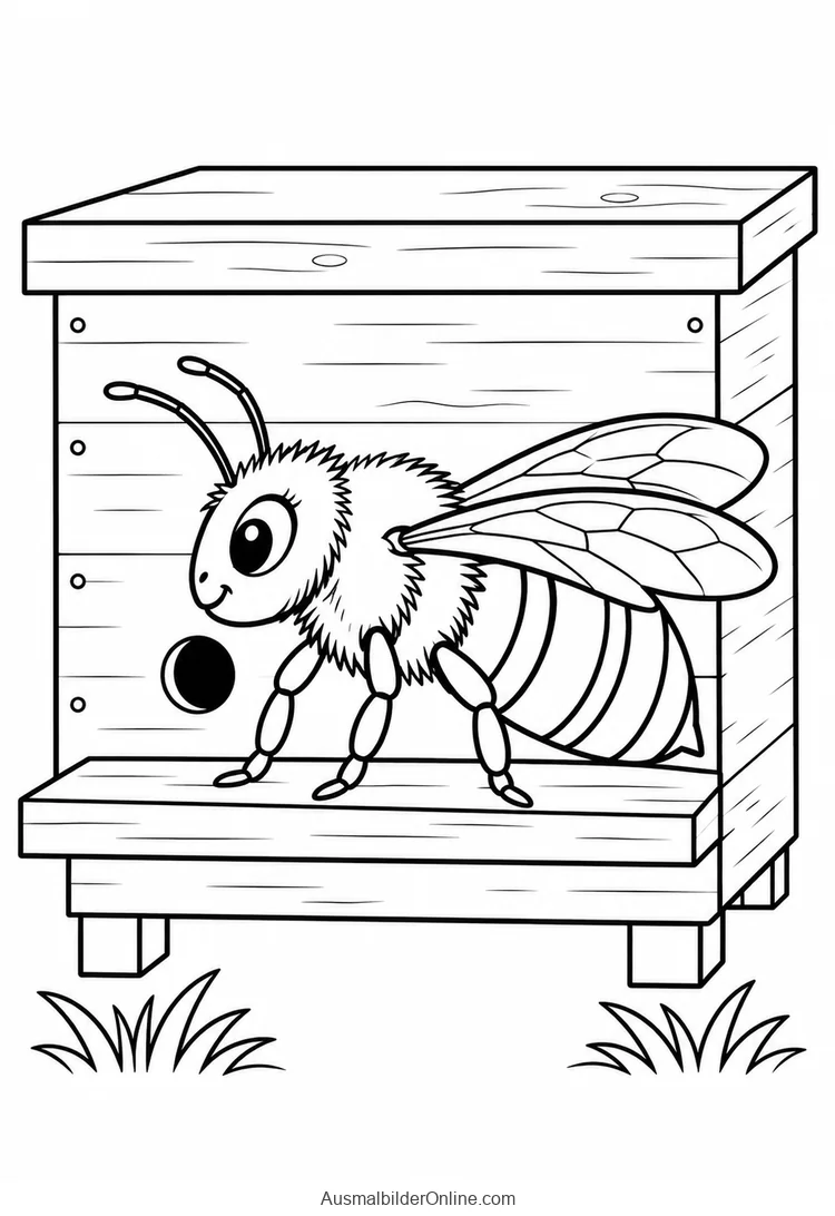 Biene steht vor dem runden Eingang eines hölzernen Bienenkastens