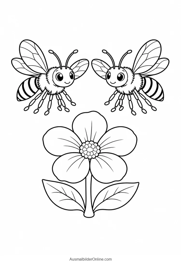 Zwei Bienen fliegen nebeneinander über einer großen einzelnen Blüte