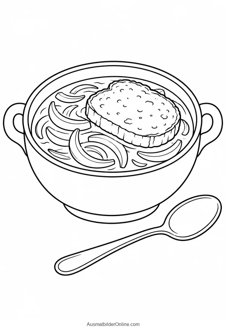 Zwiebelsuppe mit Brotscheibe in einer Schüssel mit zwei Griffen neben einem Löffel