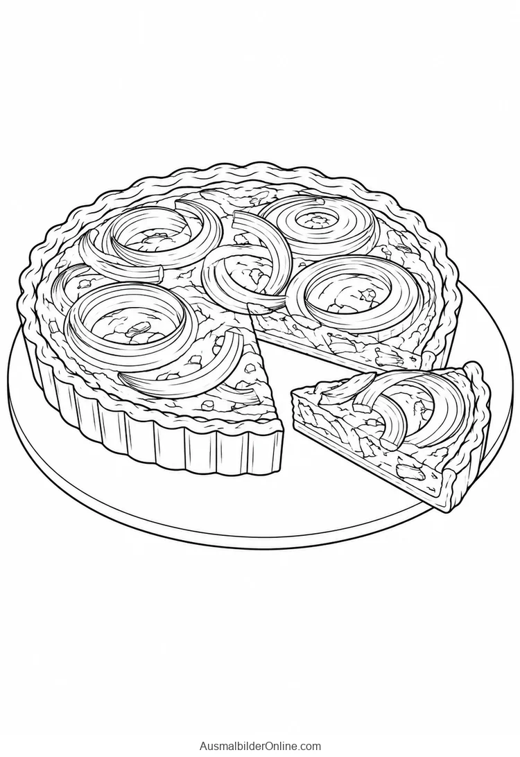Runder Zwiebelkuchen mit abgeteiltem Stück auf einem Teller