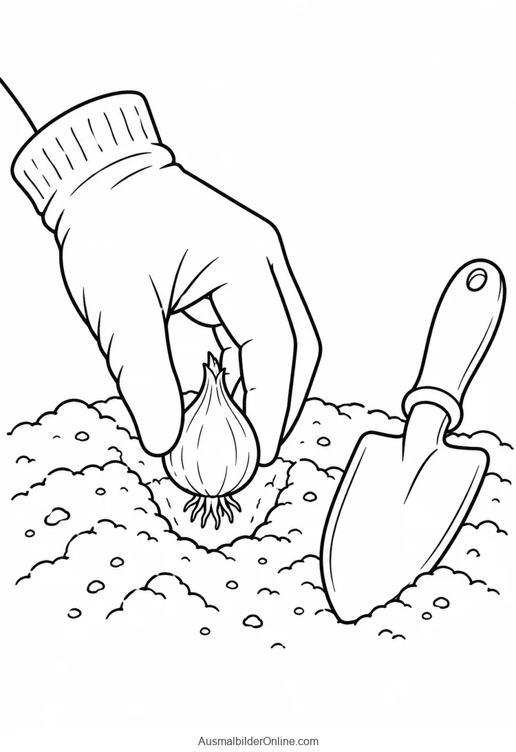 Behandschuhte Hand pflanzt eine kleine Zwiebel neben einer Pflanzkelle