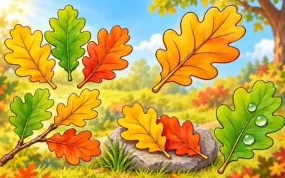 Eichenblätter ausmalen: Blätter, Zweig und Tautropfen