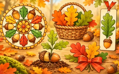 Eichenblätter ausmalen: Mandala, Korb und Sämling