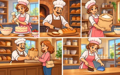 Bäcker ausmalen: Torten, Brotschneiden und Verkauf