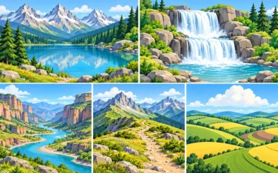 Landschaften-Ausmalbilder: Bergsee, Wasserfall und Schlucht