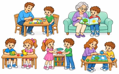 Alltag-Ausmalbilder: Spielen, Lesen und Büchertausch