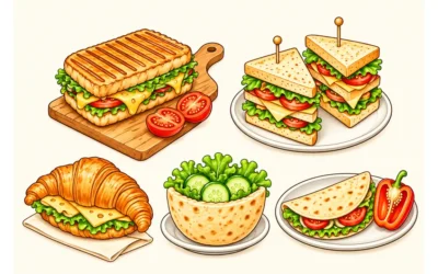 Sandwich-Ausmalbilder: Grillbrot, Croissant und Pita