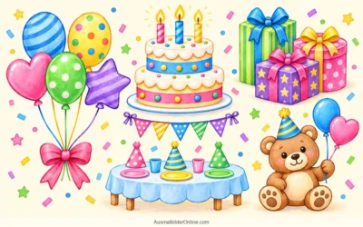 Geburtstagsparty ausmalen: Luftballons, Torte und Teddybär
