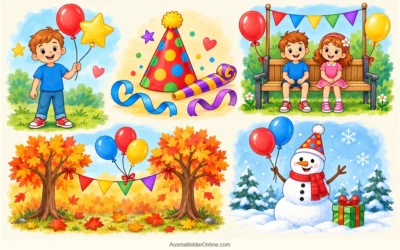 Partyspaß ausmalen: Ballons, Kinderbank und Schneemann