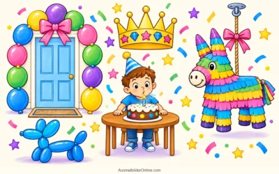 Festliche Partyideen ausmalen: Ballonbogen, Krone und Piñata