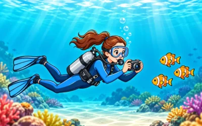 Tauchen ausmalen: Fische, Wrack und Meeresschildkröte