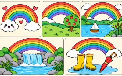 Regenbogen-Ausmalbilder: Wolken, Teich und Wasserfall