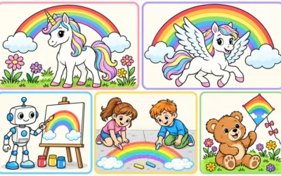 Regenbogen-Ausmalbilder: Einhorn, Roboter und Teddy