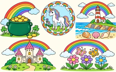 Regenbogen-Ausmalbilder: Leuchtturm, Schloss und Blumen