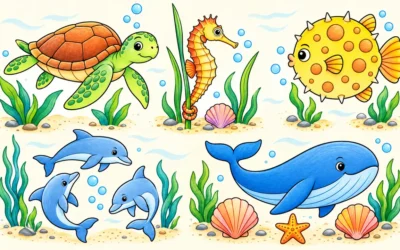 Unterwasser-Ausmalbilder mit Schildkröte und Delfinen