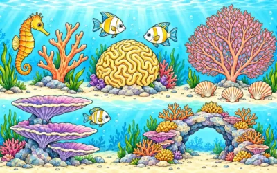 Korallenriff-Ausmalbilder: Seepferdchen, Fische und Korallen