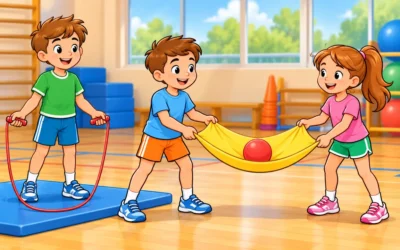 Kinderturnen ausmalen: Seil, Säckchen und Teamspiel