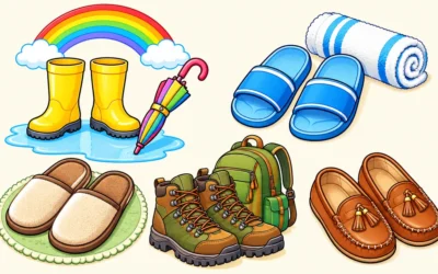Schuhe-Ausmalbilder mit Gummistiefeln und Mokassins