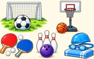 Sportgeräte-Ausmalbilder mit Bällen und Bowlingkegeln