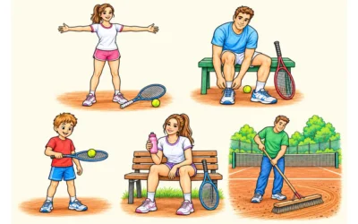 Tennis-Ausmalbilder: Training, Pause und Platzpflege